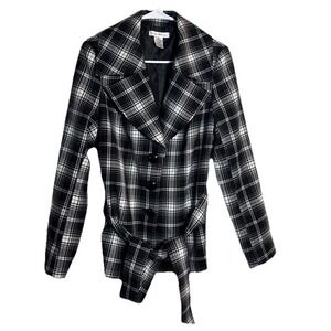 Susan Bristol Plaid Belted Jacket‎ Womens Medium Black White Lined Blazer